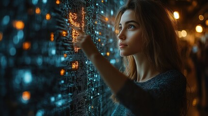 Poster - A Woman Interacting With a Luminous Digital Interface