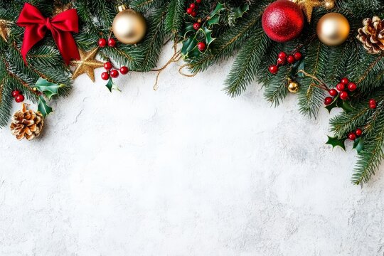 Christmas winter arch with fir branches, red balls on white background. Xmas greeting card. Holiday time. Happy New Year. Space for text. View from above, flat lay.