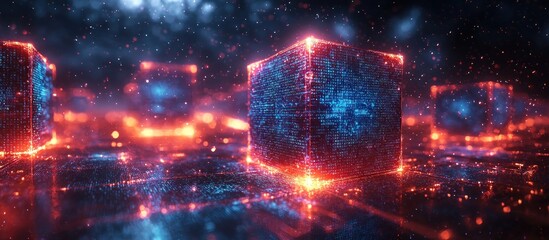 Poster - Glowing Digital Cubes with Binary Code and Sparks