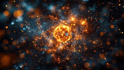 Poster - A glowing, abstract atom-like structure with a fiery core surrounded by particles and light trails