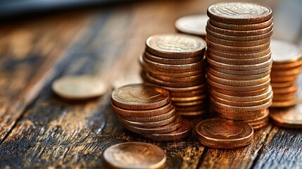 Aufkleber - Stacks of Gold Coins on Rustic Wooden Surface