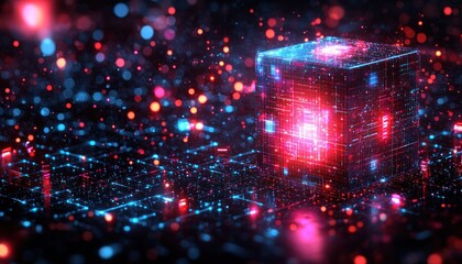 Poster - Glowing Cube on a Digital Grid with Bokeh Lights
