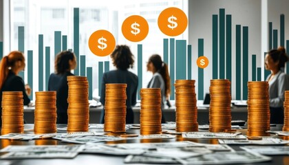 Aufkleber - Stacks of Gold Coins on a Table with Dollar Signs and Bar Graphs in the Background
