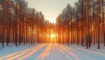 Poster - Sunbeams Filtering Through a Snowy Pine Forest at Sunset