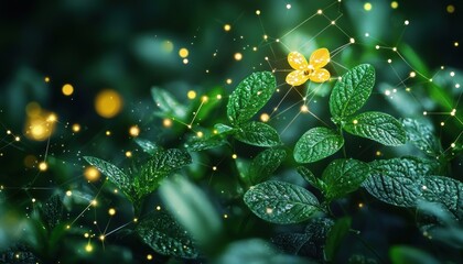 Leinwandbilder - A Single Yellow Flower in a Network of Light Among Lush Green Foliage