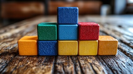 Poster - Colorful Wooden Blocks Arranged in a Pyramid Shape on a Rustic Wooden Surface