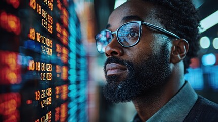 Poster - A man in glasses looks intently at a stock ticker, reflecting on the fluctuating numbers.