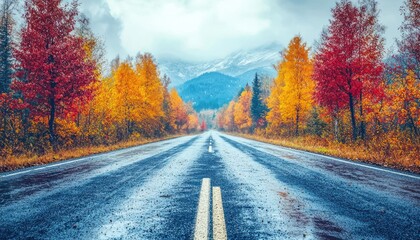 Poster - Empty Road Through Autumnal Forest Towards Snow-Capped Mountains
