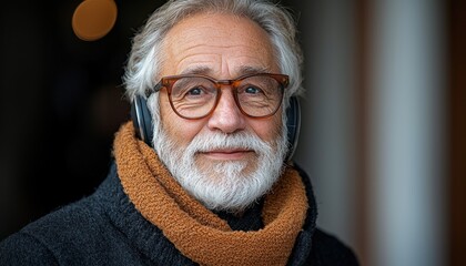 Poster - Portrait of a Smiling Senior Man Wearing Headphones and Glasses