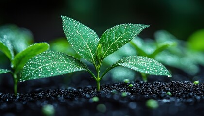 Poster - A Close-Up View of a Young Plant Sprouting in Dark Soil with Dew Drops on Its Leaves