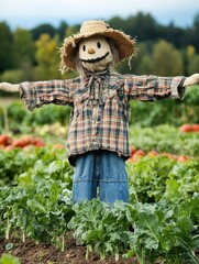Poster - A scarecrow with a straw hat stands among vibrant vegetable rows, deterring animals in a sunny garden setting filled with fresh produce. Generative AI