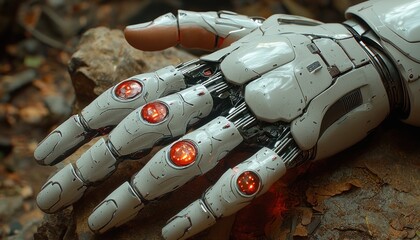 Poster - A Close-up of a Detailed Robotic Hand Lying on the Ground