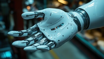 Poster - A Close-Up View of a White Robotic Hand with Exposed Gears and Pistons