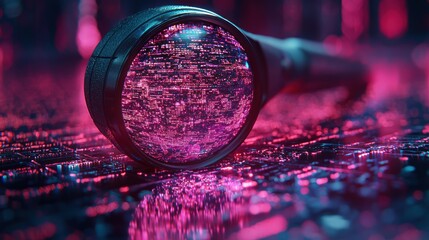 Poster - A futuristic magnifying glass revealing a city of digital data in a neon-lit setting.
