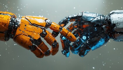 Poster - Two robotic hands shaking, one orange and one blue, with white sparks in the background