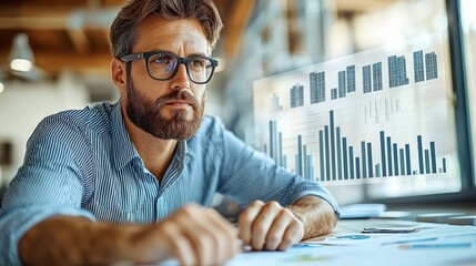 Poster - Man with beard and glasses looking at financial charts