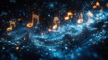 Poster - Golden Music Notes Floating Over a Glittering Blue Surface