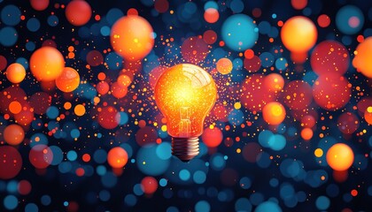 Aufkleber - Glowing Lightbulb with Blurry Red, Yellow, and Blue Circles in the Background