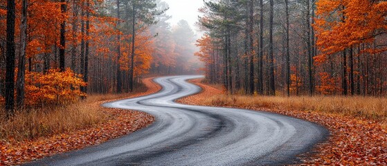 Poster - Winding Road Through Foggy Autumn Forest