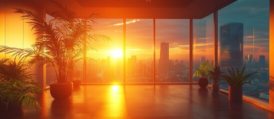 Aufkleber - Sunset View from a Modern Office with Plants