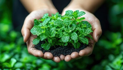 Poster - Hands Holding a Small Green Plant with Soil