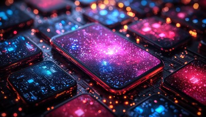 Fototapete - A Close-Up of Smartphones with Starry Night Display and Glowing Lights