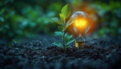 Leinwandbilder - A glowing lightbulb and a small green plant growing from dark soil