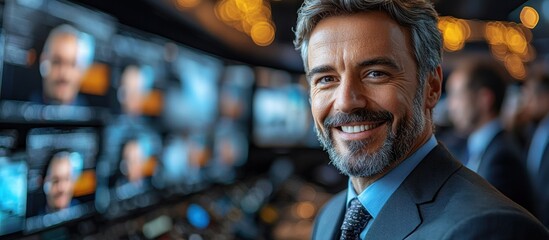Poster - Portrait of a Smiling Man in a Suit, Blurred Background with Lights