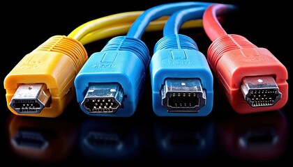 Poster - Four Colorful Cables With Parallel Connectors Against A Black Background