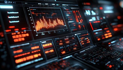 Leinwandbilder - A close-up of a futuristic digital dashboard with illuminated red and blue data.