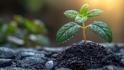 Poster - A Small Green Plant Sprouting Through Wet Soil and Stones