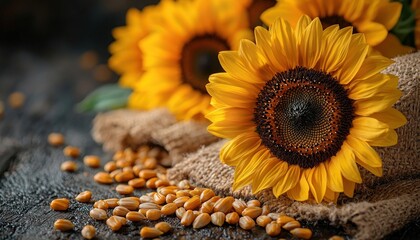 Poster - A Close-up of a Sunflower with Seeds Scattered on a Rustic Wooden Surface