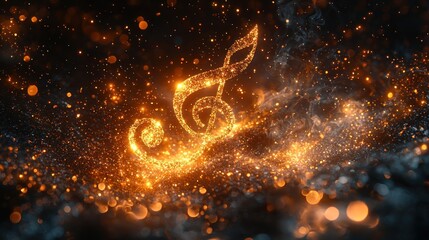 Poster - Glowing Musical Note Symbol with Golden Glitter and Smoke