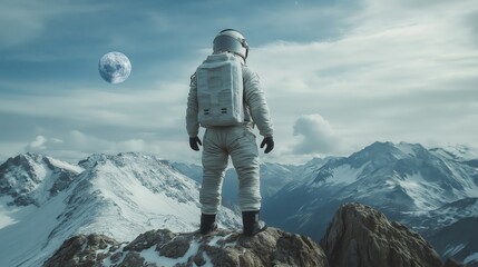 Wall Mural - An astronaut stands on a rocky mountain peak, gazing at a large moon in the sky, surrounded by snowy mountains and clouds