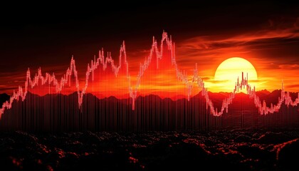 Poster - Red Candlestick Chart Over a Sunset with a Large Sun in the Sky