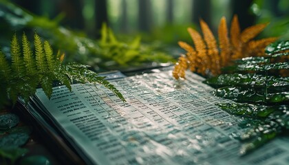 Poster - A Partially Visible Notebook Covered in Green Leaves and Water Droplets