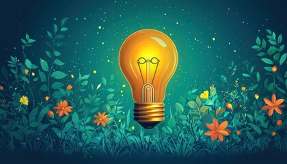 Poster - Illuminated Lightbulb Rising Above a Lush Green Meadow