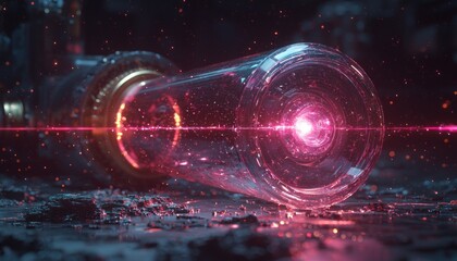 Poster - A Glass Cylinder with a Bright Pink Light Inside, Resting on a Dark Surface