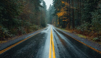 Poster - Wet Asphalt Road Winding Through a Forest in Autumn