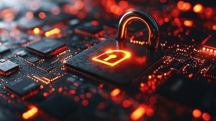 Aufkleber - A Glowing Lock Icon on a Circuit Board with Red Lights