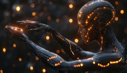 Poster - A Metallic Humanoid Figure with Glowing Circuits and Bokeh Lights