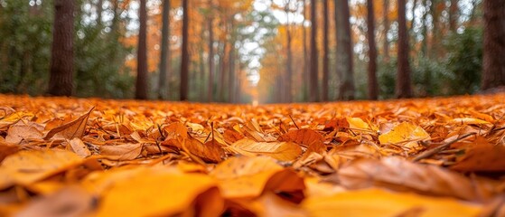 Poster - A Path Through an Autumnal Forest Covered in Fallen Leaves