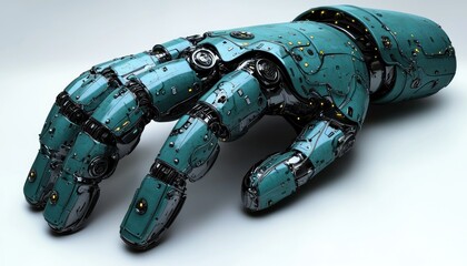 Poster - A Close-up View of a Mechanical Hand with Teal Armor