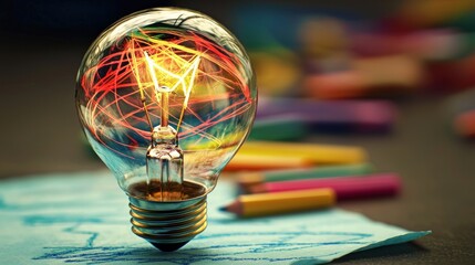 Aufkleber - Lightbulb with Colorful Lines Inside on a Blue Surface