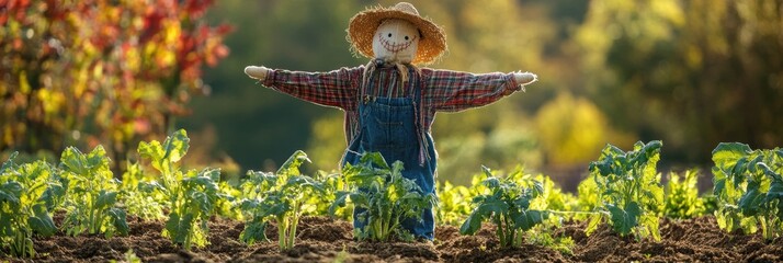 Poster - A scarecrow stands proudly in the middle of a lush vegetable garden, protecting crops under the warm sunlight of autumn. Generative AI
