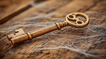 Poster - An Antique Brass Key Resting on a Webbed Wooden Surface