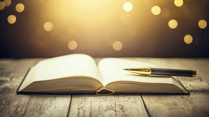 Poster - Open Book with Pen on Wooden Table and Bokeh Lights