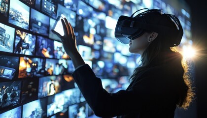 Poster - Woman Wearing VR Headset Interacting with a Wall of Screens
