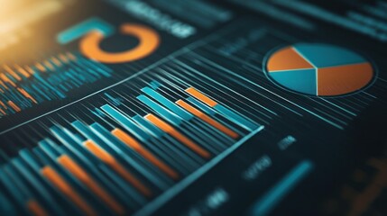 Fototapete - Close-up of a Graph Displaying Data with Orange and Teal Bars and a Pie Chart