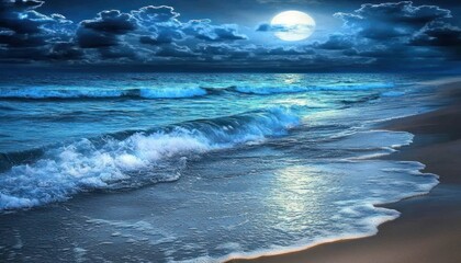 Poster - Serene Moonlight Illuminates a Gentle Ocean Wave on a Sandy Shore
